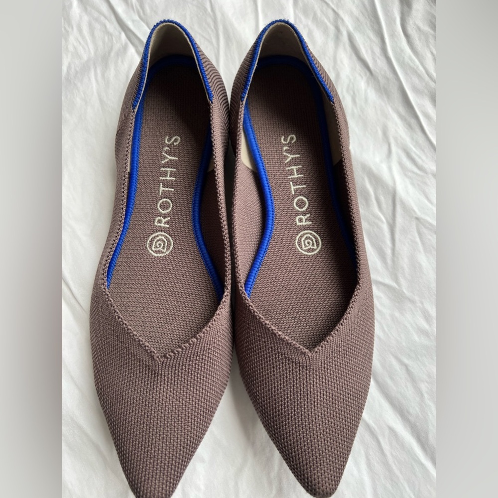 Rothy's Brown Pointed Knit Flats with Blue Trim